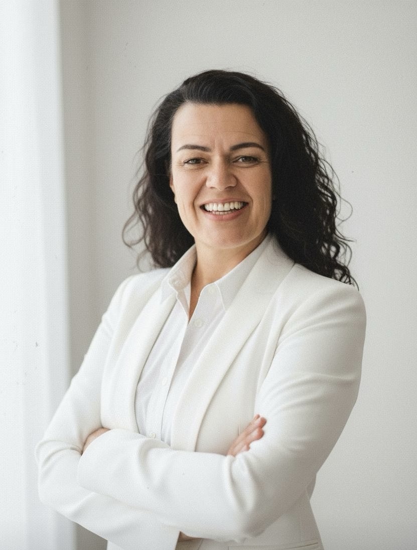 Kellie Peyroux, entrepreneur and investor, in a white suit